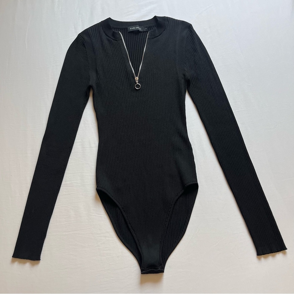 PARI DESAI black chunk rib knit zip oring‎ long sleeve viscose nylon bodysuit